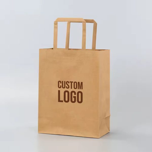 Recyclable Lunch Takeaway Food Delivery Flat Handle Kraft Paper Bag