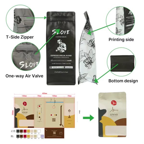Custom Printed Flat Bottom Coffee Bag with Degassing Valve Pocket Zipper