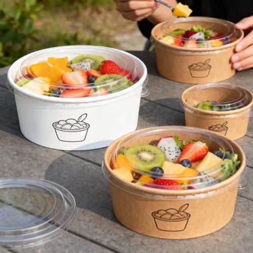 Disposable Paper Food Bowl 500ml 750ml 1100ml Kraft Material For Sushi Salad