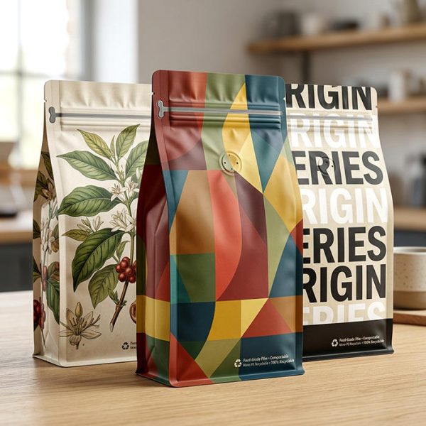 Custom Printed Flat Bottom Coffee Bag with Degassing Valve Pocket Zipper