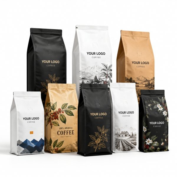 Eight Side Seal Coffee Bag Flat Bottom With Custom Digital Printing