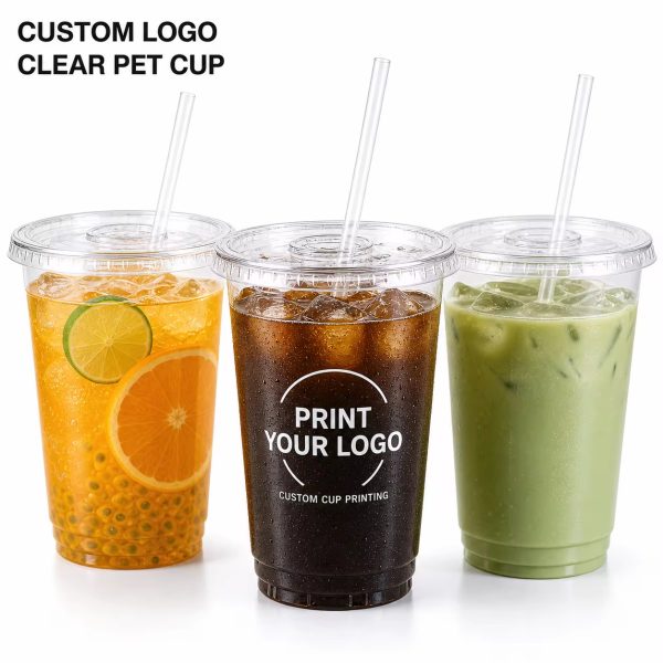Disposable Flat Bottom PET Clear Cups with Lids for Coffee Shop Takeaway