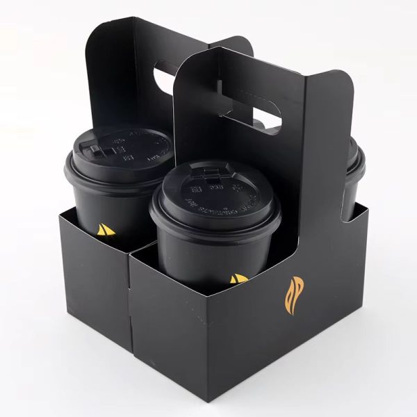 SKU-01-Black Manufacturer Custom Drink Carrier Handle Kraft Paper Coffee Cup Holder